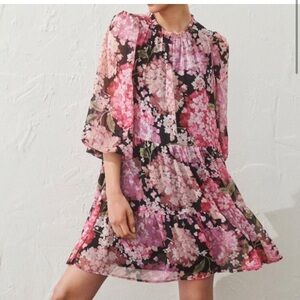 Pink Floral Tiered Mini Dress – Sheer Chiffon Overlay with Balloon Sleeves